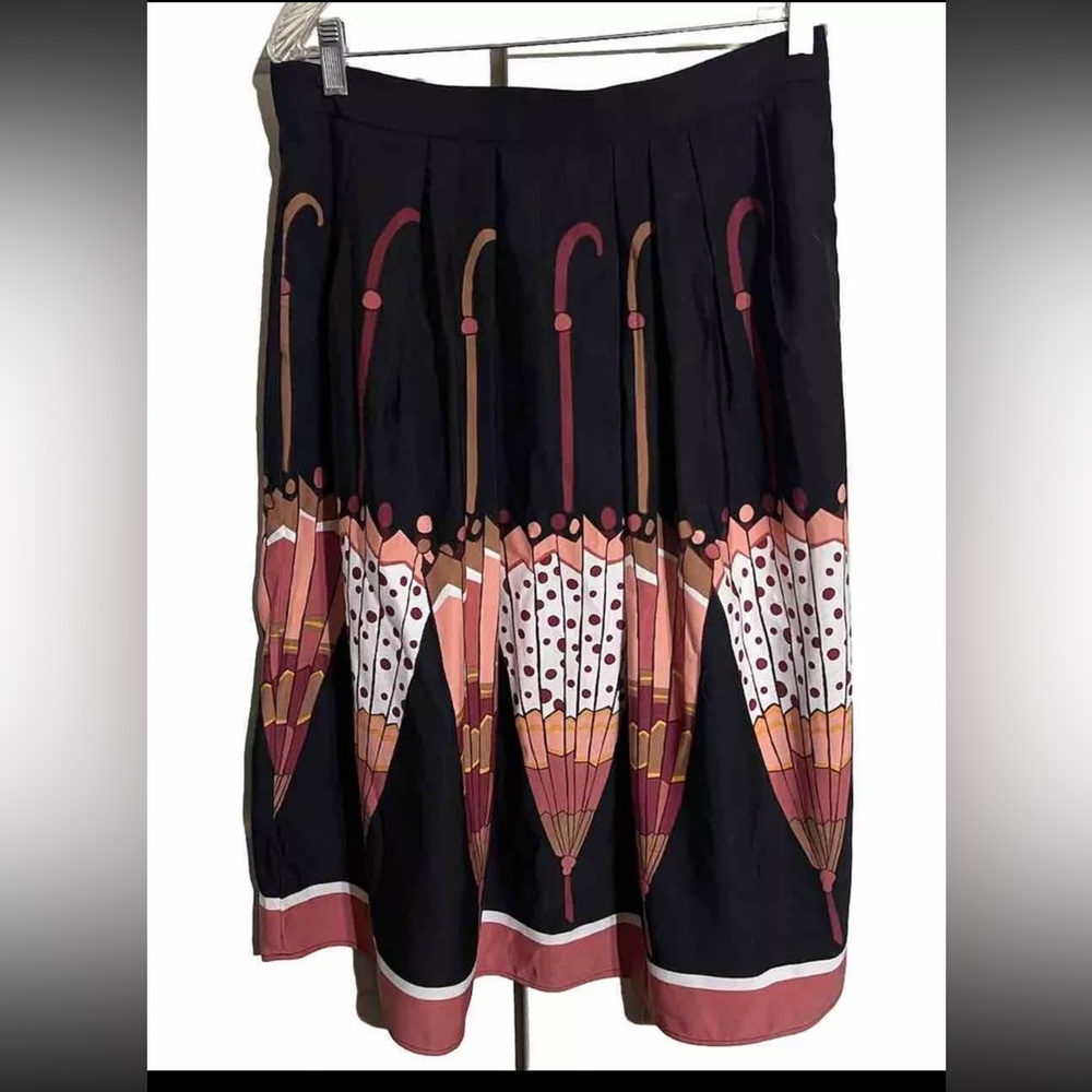 Eva Mendes New York & Co Black Parasol Umbrella Print Midi A-line Skirt Size 8